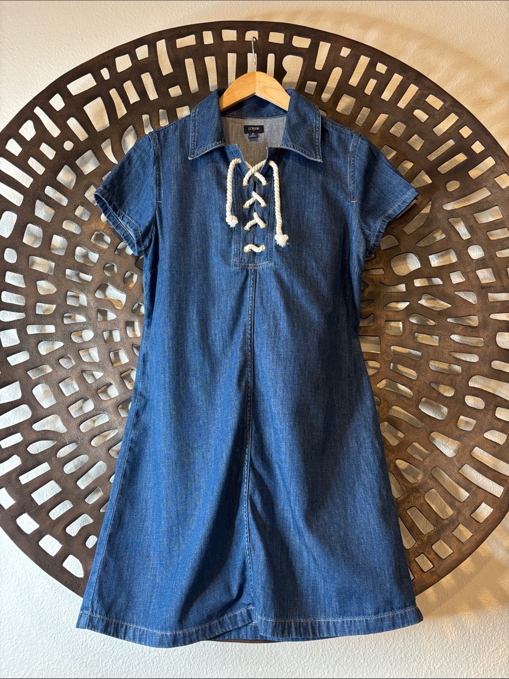 💙 J.Crew Factory Nautical Denim Shirt Dress Rope Lace Up Cotton Womens 8 midi💙